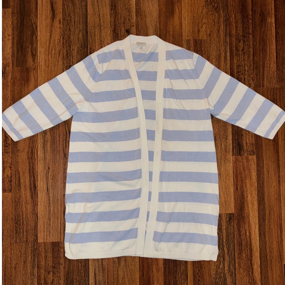 Talbots Womens XL Cardigan Sweater Blue White Striped Open Front 3/4 Sleeve Long